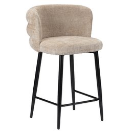  Cream-colored upholstered bar stool with a curved backrest and black metal legs. The stool has a simple, modern design suitable for use in a kitchen or bar area.