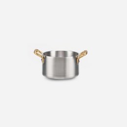 Stainless steel mini saucepan with 2 cast brass handles, suitable for cooking on the stovetop.