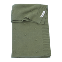 A soft, cozy baby blanket in a forest green color. Made of a knitted material with a textured mini knot pattern. Available in two sizes: 75x100cm and 100x150cm.