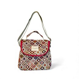  Insulated lunch bag with a geometric pattern in red, white, and brown tones. The bag has a small handle and an adjustable shoulder strap for easy carrying.