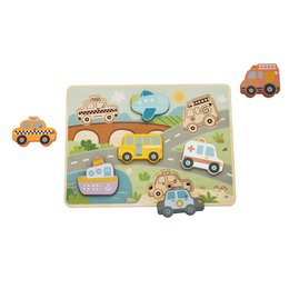 Wooden puzzle featuring colorful vehicles including cars, trucks, and buses. Ideal for developing fine motor skills and hand-eye coordination in young children. Includes 6 wooden puzzle pieces.