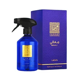 A 500ML room spray with a floral and woody fragrance, packaged in a vibrant blue bottle with a QR code label.