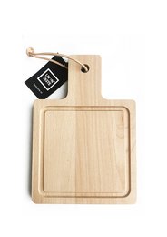 A square wooden serving platter with a simple, minimalist design. The platter features a natural wood finish and a small black tag attached.