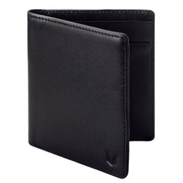 A black leather wallet with multiple card slots and compartments. The wallet has a classic, minimalist design suitable for everyday use.