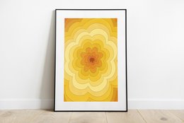 Vibrant yellow and orange floral art print with concentric circles, available in A4 and A3 sizes, suitable for wall decor.