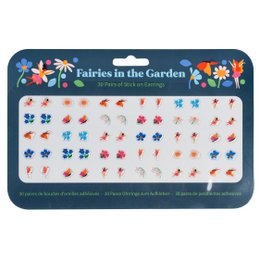 Stick-on earrings featuring colorful fairy designs in a garden theme. Suitable for kids, the earrings come in a variety of floral and nature-inspired shapes and patterns.
