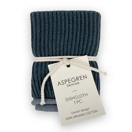  Navy blue knitted dishcloth made of organic cotton with a ripple pattern.