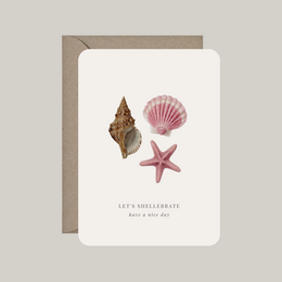  Birthday card with seashell, starfish, and shell illustrations, "let's shellebrate" text, includes envelope.