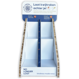 Blue and white keychain display with text "Laat kwjtraken achter je!" and a police logo. The display has four compartments to hold keychains.