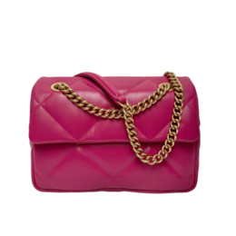 A fuchsia pink handbag with a quilted pattern and a gold chain strap.