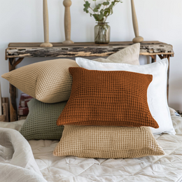 Waffle-textured pillowcase in almond brown, sand brown, and stone green colors. Available in various sizes including 20x54", 12x16", 16x16", 18x18", and 20x20". The pillowcase features a soft, cozy waffle weave texture and is suitable for use as a cushion cover.