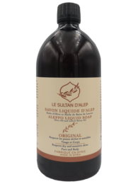 A large bottle of dark liquid Aleppo soap, a traditional olive oil-based soap from the Levant region. The soap is known for its gentle cleansing properties and natural ingredients.