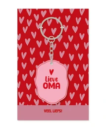  Red keychain with white hearts pattern, circular pendant with "Lieve OMA" text, gift for grandmother