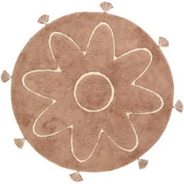 Circular bohemian-style children's rug with a large flower design and tasseled edges, made of soft, natural-colored material.