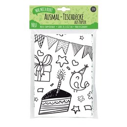 Coloring tablecloth with birthday motif, including cake, party hats, and other festive elements. Suitable for kids.