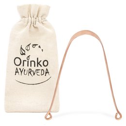 Copper tongue scraper with Ayurveda logo on cloth bag. Copper tongue scraper for oral care.