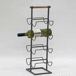 A metal and wood wine rack in a silver finish, designed to hold up to 6 bottles of wine. The rack features a sturdy metal frame with wooden accents for a rustic, industrial look.