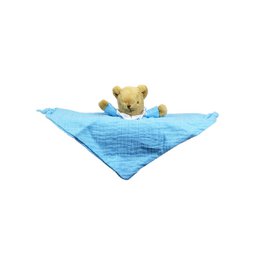  Soft, plush bear comforter in sky blue color, made of organic cotton, with a rattle feature, suitable for infants and toddlers.