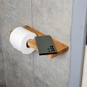 Muur gemonteerde houten toiletpapierhouder met plank, eiken badkameraccessoire