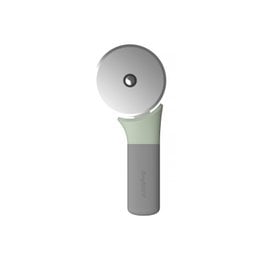 A round, silver pizza cutter with a green handle. The pizza cutter has a balanced design for easy and efficient slicing of pizza.