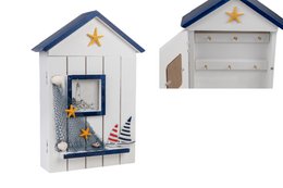 A wooden house-shaped key holder with a star design, measuring 20x7x31cm. It features a small shelf and hooks for storing keys.
