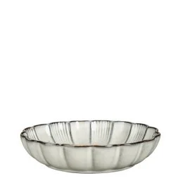 Gray ceramic serving bowl with a ribbed design and a subtle metallic finish.