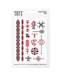 Ornamental tattoo mix featuring various symbols and patterns in red and black colors, including crosses, floral designs, and geometric shapes. Suitable for party and fashion accessories.