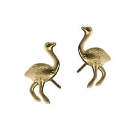 Elegant gold-toned ostrich-shaped stud earrings with a sleek, minimalist design. These earrings feature a unique and stylish shape that adds a touch of whimsy to any outfit.