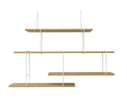 A modern, minimalist oak and white shelving unit with multiple tiers for displaying decor and storage.
