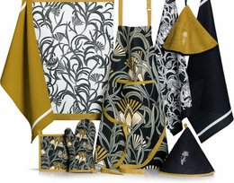 Set of 2 100% cotton liana towels in a black and white floral pattern with yellow accents. Absorbent and durable kitchen towels.