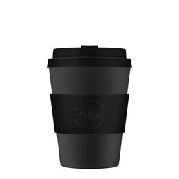 A black 350ml/12oz travel cup with a black lid and silicone grip. The cup has a simple, minimalist design.