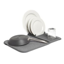  Compact gray dish drying rack with absorbent mat, holds plates and cookware, modern minimalist design.