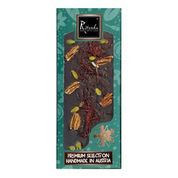 Dark chocolate bar with pecan nuts, pistachios, and chili strips.