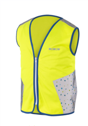 Bright yellow high-visibility safety vest with reflective strips and pockets for kids. Suitable for outdoor activities, construction sites, or other low-visibility environments.