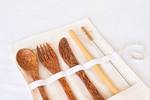 Besteckpaket Kokosnuss | Löffel, Gabel und Messer - 19 cm | Wiederverwendbar & umweltfreundlich