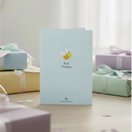  Light blue greeting card with bee illustration, "Bee Happy" text, minimalist design, friendship card
