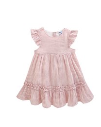  A pink and white striped dress for girls, featuring flutter sleeves, a ruffled hem, and a tiered skirt design. The dress is suitable for casual or formal occasions and would be perfect for a young girl's wardrobe.