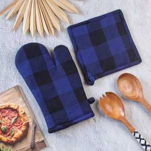 Thick Padded Heat Resistant Oven Glove & Pot Holder Set – Kitchen Textile – Quilted Cotton – 18x30cm