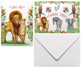 10 biglietti di auguri ti amo + grazie con busta - dipinto a mano - cartolina - leone - pappagallo - zebra - elefante - tropicale - formato A6