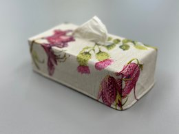 Rectangular tissue box cover with floral pattern in shades of pink and green.