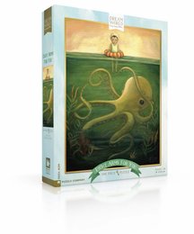 A 500-piece puzzle featuring a whimsical illustration of a person sitting on a giant octopus-like creature in a surreal, nature-inspired landscape.