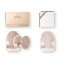 Beige facial massage tools set, textured exfoliating pads, skin care accessories, face and body treatment kit.