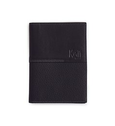  Black leather document holder and passport case. Closed dimensions: 10 x 14 x 1 cm. Includes rigid bottom/lid gift box.