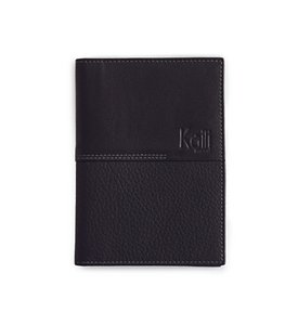 K10122AB | Documenthouder + paspoort in echt volnerf leer, dollar/gladde nerf. Zwarte kleur Gesloten afmetingen: 10 x 14 x 1 cm - Verpakking: stijve bodem/deksel Geschenkdoos
