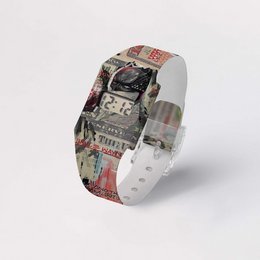 A digital wristwatch made of Tyvek® with a unique patchwork design featuring various patterns and textures, creating a stylish and modern timepiece.