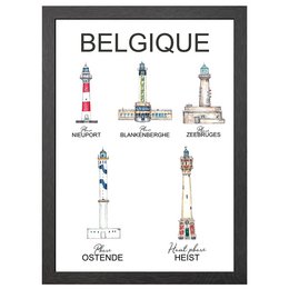 Framed poster featuring illustrations of iconic Belgian lighthouses, including Nieuwpoort, Blankenberge, Ostende, and Heist. The poster showcases the unique architectural styles and designs of these coastal landmarks.