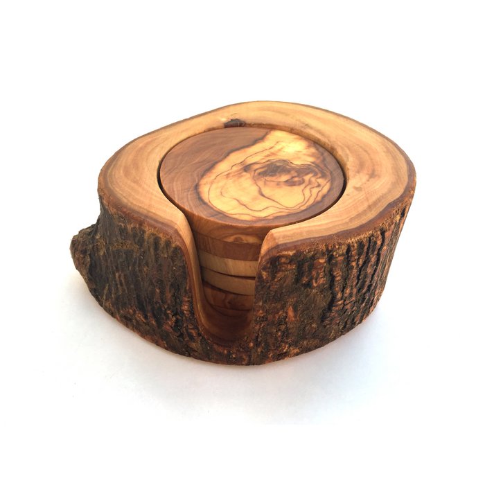 Olive Wood Rustic Coaster Set of 8 and Holder, Wooden Handmade Coasters