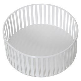 A round white metal fruit bowl with a slatted design, suitable for displaying various types of fresh fruit.