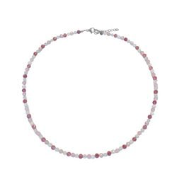 This necklace features a delicate chain with alternating rose quartz, moonstone, and lepidolite beads in a silver-toned setting. The combination of these natural gemstones creates a beautiful, calming, and elegant piece of jewelry.