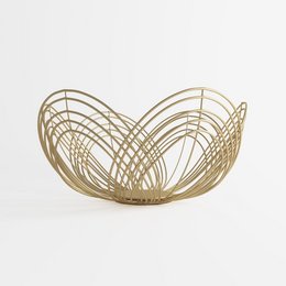  Gold metal decorative basket with intricate woven design.